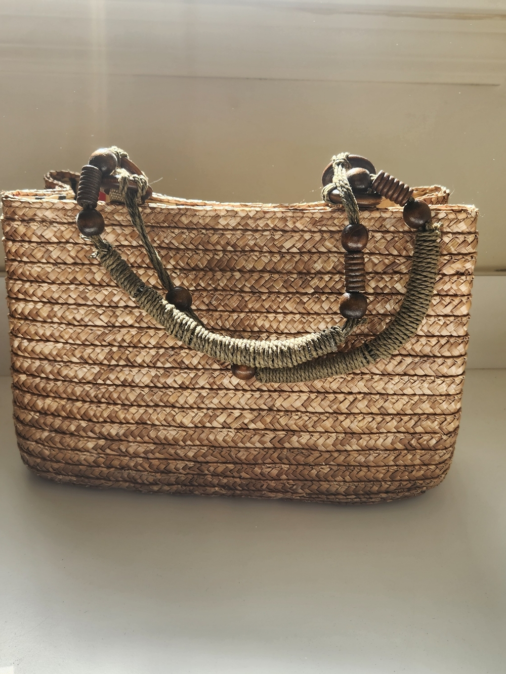 Woven Straw Tote with Olive Rope Handles and Wooden Beads